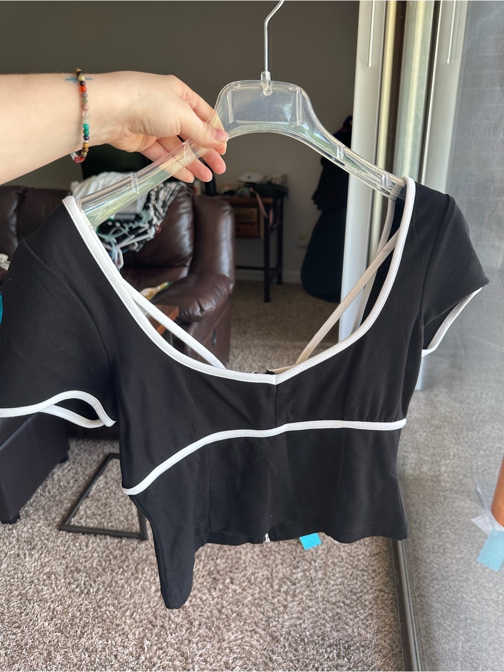 Anthropologie Black Crop Top with White Piping